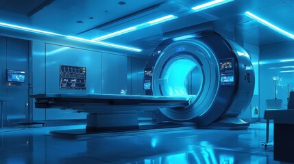 Futuristic MRI machine in a modern, blue-lit hospital room. Ideal for medical technology, healthcare, and futuristic concepts.