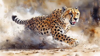 A cheetah sprinting across a dusty landscape, showcasing its speed and agility in pursuit