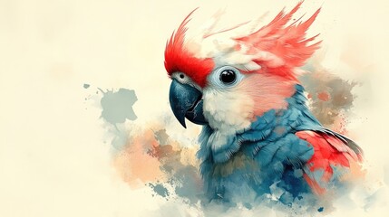 Vibrant portrait of a colorful parrot against a soft, abstract watercolor background