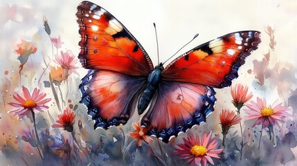 Vibrant butterfly perched on colorful flowers in a serene garden setting with soft light