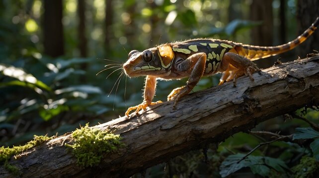 Hylonomus on Fallen Tree Under Sunlit Forest Canopy
