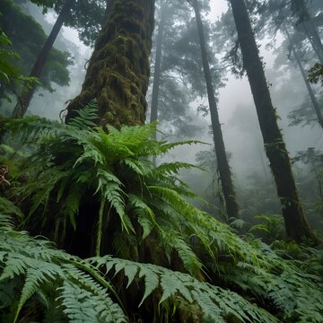Hylonomus Climbing Tree Covered with Ferns in Misty Forest