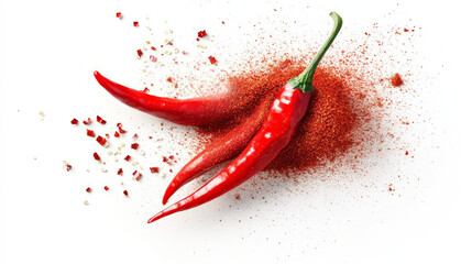 Chili pepper powder splash, spicy burst, dust or red color explosion on white background. Chilli or paprika spice splatters, paint clouds design elements isolated on white background, Realistic 3d
