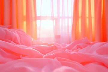 Pink sheets in rumpled bed, sunny window background, for advertising related products
