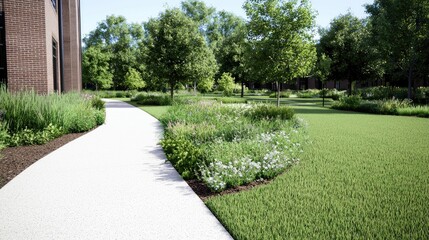 Obraz premium Landscaped walkway, office building background, outdoor scene, tranquil setting, suitable for real estate or design showcases