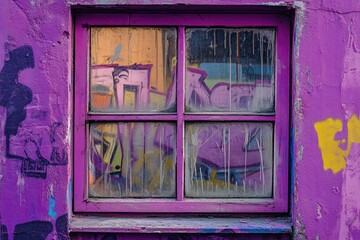 Purple window reflects street art on glass panes exterior