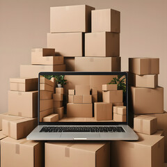 E-commerce and Online Retail: A laptop displays an image of numerous cardboard boxes, mirroring the actual stack of boxes surrounding it.
