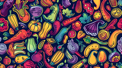 Colorful illustration of various vegetables and fruits arranged in a vibrant pattern on a dark background