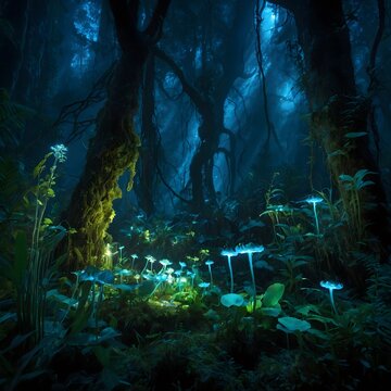 Hylonomus Exploring Forest with Glowing Bioluminescent Plants