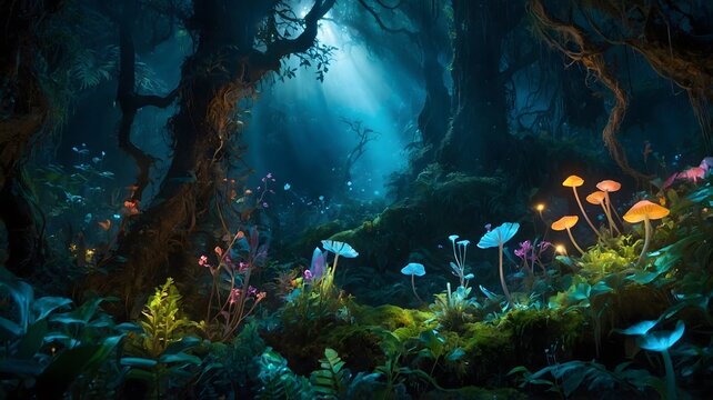 Glowing Hylonomus in Enchanted Forest with Bioluminescent Plants