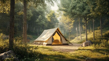 A camping tent set up in a secluded forest clearing, surrounded by trees and nature, offering a quiet retreat.