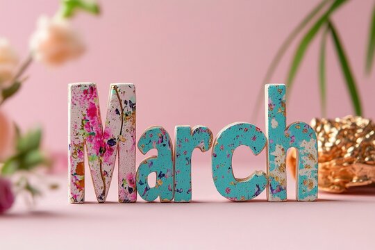 Letras decorativas con dise&ntilde;o floral que forman la palabra "March" sobre un fondo rosa, simbolizando la llegada de la primavera y la renovaci&oacute;n
