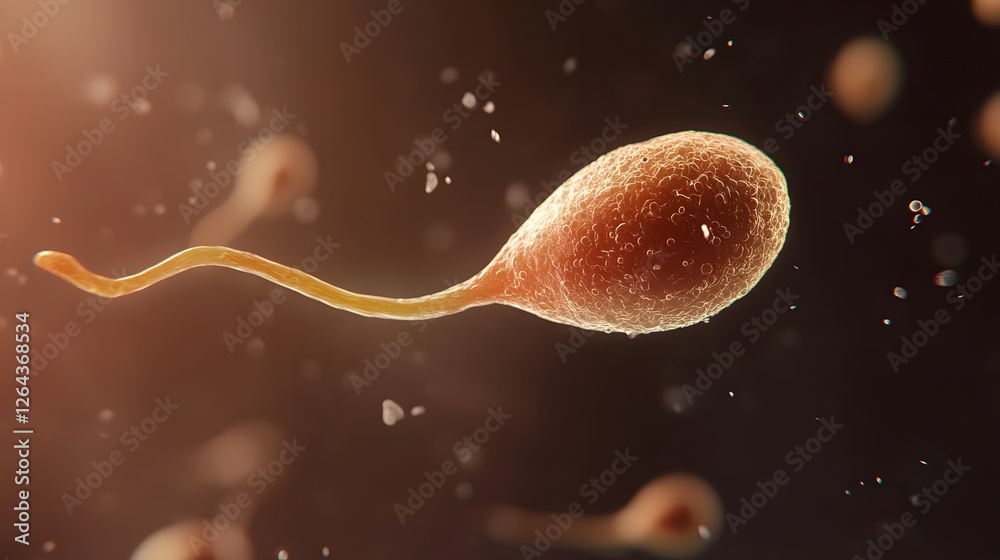 Poster magnified microscopic image of a single spermatozoon or sperm cell showing its flagellum tail in mot