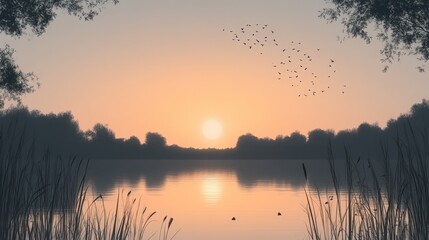 Obraz premium Serene Sunset Landscape with Calm Water and Silhouetted Trees Peaceful Evening Scene at Lake or River