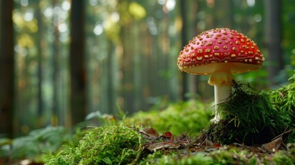 Mushroom presented on a muted background, colorful fungi snapshot. Background still, mushroom vibrant.