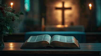 A close-up of an aged Bible open on a wooden altar with a cross in the background inside a serene Protestant church.