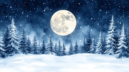 Fototapeta premium Enchanted Winter Night: Full Moon over Snow Covered Pine Forest