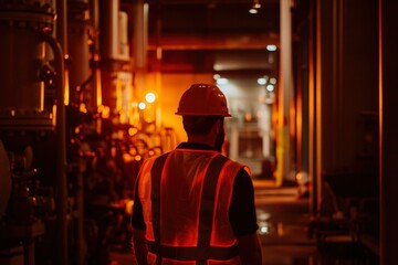 Obraz premium Worker in orange safety vest walks in dark industrial plant corridor