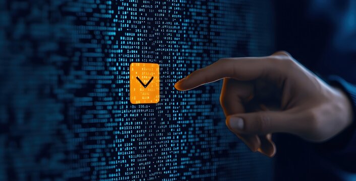 Hand Pressing Orange Checkmark on Digital Code Background
