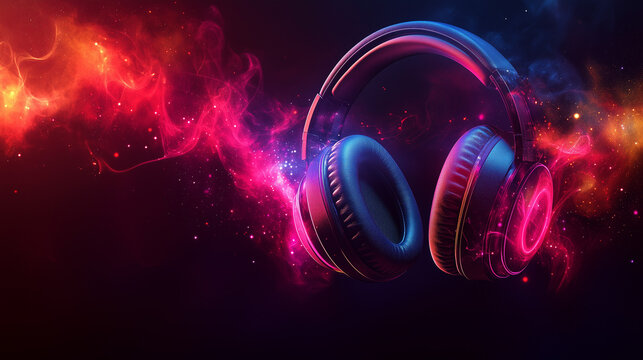  Gaming headphones amidst multicolored smoke. Bright neon shades of pink and blue surround the headset, creating a dynamic, ethereal feel.Music tech background with 80s nostalgia with space for text
