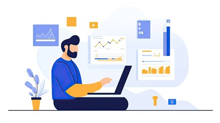 A digital marketing expert analyzing data on a laptop with charts and graphs, illustrating marketing strategies.