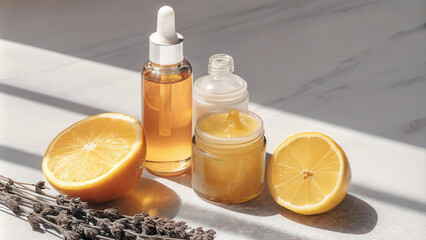 Natural Skincare Products with Fresh Citrus Fruits and Lavender on White Marble Surface