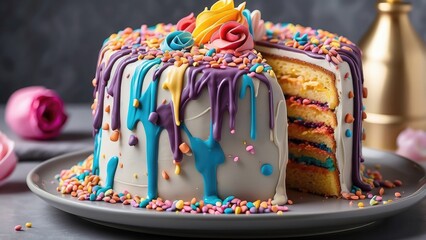 "Birthday Cake with Lit Candle in Number Eight Shape on Dark Background"