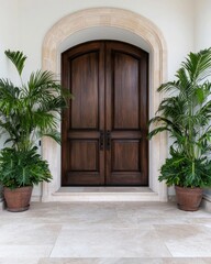 Fototapeta premium A beautiful wooden double door framed by lush green potted plants, set against a light-colored stone pathway.
