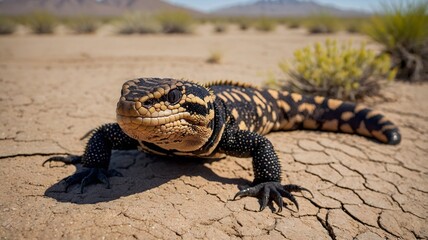 Close-Up of Gila Monster's Skin and Forked Tongue on Desert Floor