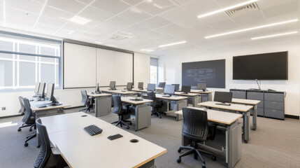 Computer class, open space office interior. Empty school, modern business workplace, room for coworking or studying. Cabinet with furniture, pc on desks, tv screen, windows cartoon vector illustration