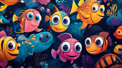 Naklejka premium Cartoon set of cute sea fish isolated on dark background. Vector illustration of ocean or marine underwater animal characters with funny big eyes and smiles. Colorful tropical coral reef inhabitants