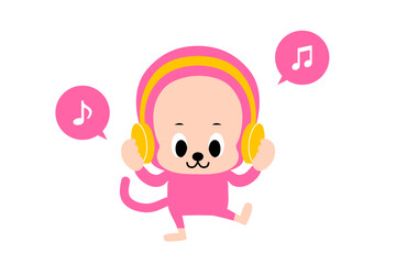音楽をきく、かわいいおさるさんのベクターイラスト　カラフル