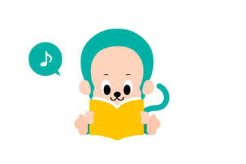 読書をする、かわいいおさるさんのベクターイラスト　カラフル
