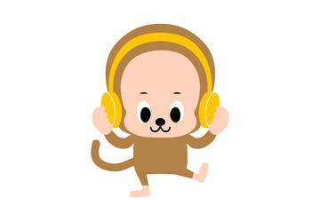 音楽をきく、かわいいおさるさんのベクターイラスト　カラフル