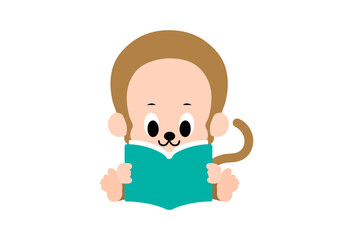 読書をする、かわいいおさるさんのベクターイラスト　カラフル