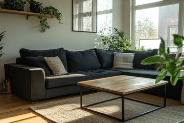 Modern Living Room: Sunlit Sectional Sofa with Rustic Coffee Table