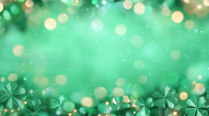Obraz premium A vibrant green background adorned with shimmering bokeh lights and delicate clover leaves, evoking a festive, cheerful atmosphere.