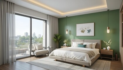 Modern bedroom with green accent wall and minimalist decor. 3D Rendering