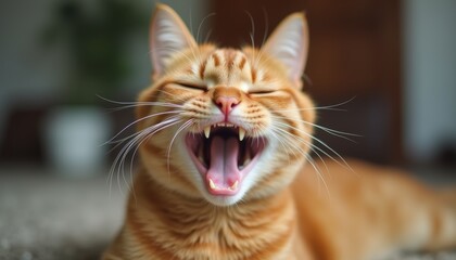 Obraz premium Cute smiling kitten with a charming expression, Ginger fur makes the cat stand out.