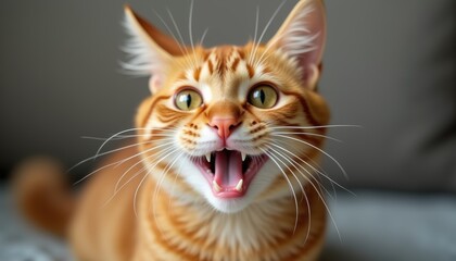 Funny smiling cat with a cute expression, Red background highlights the animal's ginger fur.