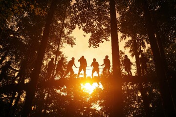 People together do activities walking on treetop bridge in forest for teambuilding