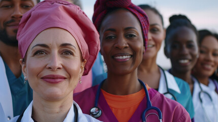 Healthcare Heroes: A diverse team of healthcare professionals, including doctors, nurses, and medical assistants, stand united in a display of solidarity, strength, and compassion.