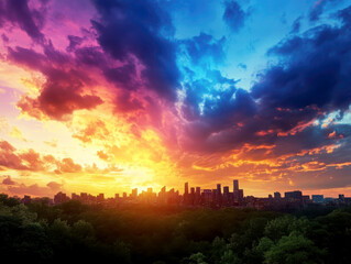 Stunning sunset over a city skyline with vibrant colors.