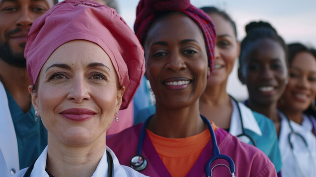 Healthcare Heroes: A diverse team of healthcare professionals, including doctors, nurses, and medical assistants, stand united in a display of solidarity, strength, and compassion.