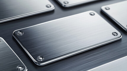 Steel tag plate with borders and screws. Realistic vector set of metal nameplates or boards with empty space for sign. Silver plaque or stainless frame mockup. Blank shape with chrome texture surface.