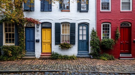 Charming Row Houses: Vibrant Doors and Autumnal Vines