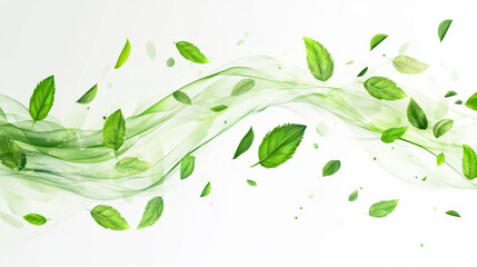 Blue wind flows, air swirls and waves with flying green leaves. Fresh wind motion with mint leaves isolated on transparent background, vector realistic illustration