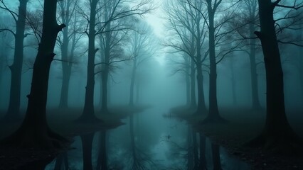 A haunting swamp with fog between the trees, creating an eerie and reflective atmosphere for a moody setting.