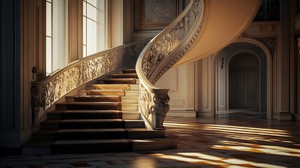 Grand Ornate Staircase: Sunlight Illuminates Elegant Curving Design