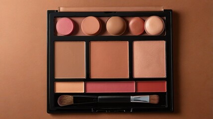 Makeup palette and lipstick with brush on a table and brown background